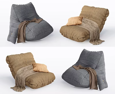 Comfortable Gray and Brown Lazy Sofa with Soft Fabric Knitted Blanket and Pillow 3d model