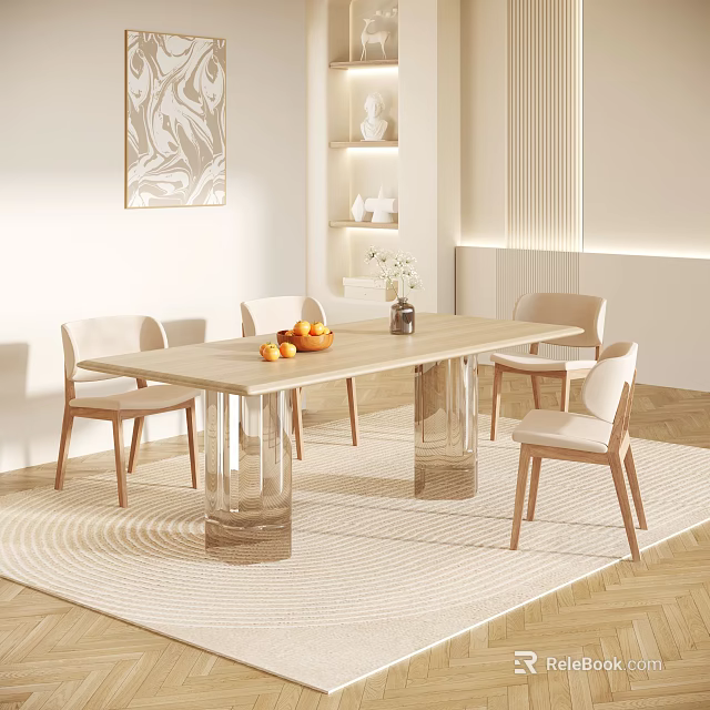 Modern Dining Table Set With Transparent Legs Light Upholstered Chairs And Decorative Elements On Carpet 3d model 