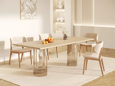 Modern Dining Table Set With Transparent Legs Light Upholstered Chairs And Decorative Elements On Carpet 3d model