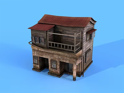 Two Story Wooden House With Red Roof Balcony And Weathered Wooden Structure 3d model