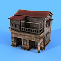 Two Story Wooden House With Red Roof Balcony And Weathered Wooden Structure