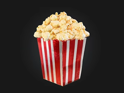 Delicious Buttery Popcorn in Red and White Striped Paper Bag Isolated on Black 3d model