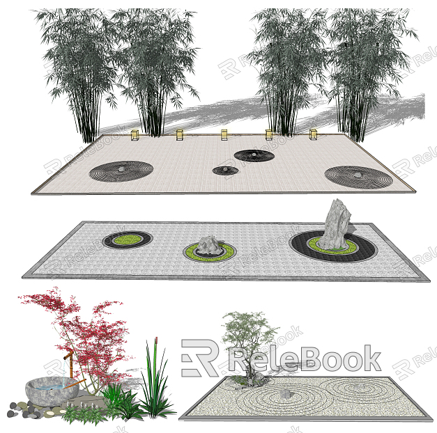 Japanese style landscape sketch courtyard sketch model