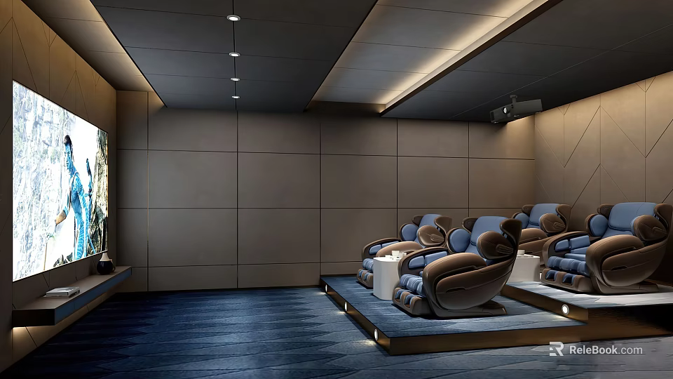 Luxury Home Theater Room Interior With Large Screen And Comfortable Recliner Chairs 3d model 