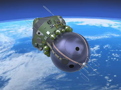 Green Silver Spacecraft With Antennas And Spherical Module Orbiting Earth 3d model