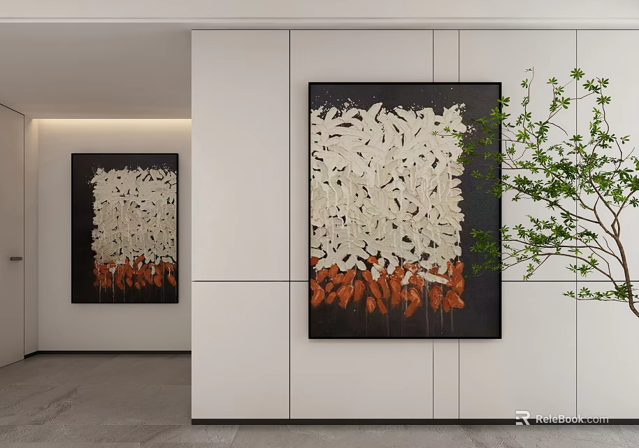 Contemporary Abstract Paintings With White Orange Patterns In Black Frames On White Wall 3d model 