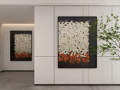 Contemporary Abstract Paintings With White Orange Patterns In Black Frames On White Wall 3d model