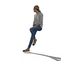 Smiling Woman in Light Gray Sweater and Blue Jeans with One Leg Raised and Shadow