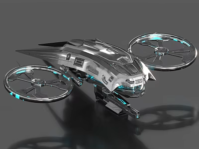 Futuristic Flying Vehicle With Silver Metallic Body And Blue Illuminated Rotors 3d model