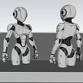 Modern Detailed Robot Sculptures White with Black Details Standing on Display Platform