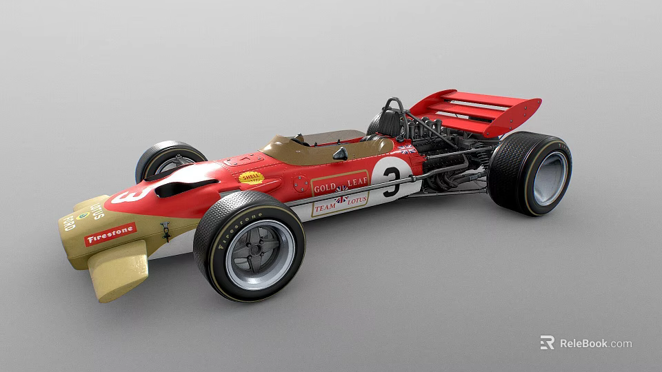 Classic Lotus Racing Car With Red Gold Body Large Wheels And Pioneer Sponsorship Logos 3d model 