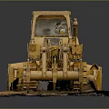 Yellow Bulldozer Model With Tracks Cab Blade And Ripper On Brown Base Dark Background