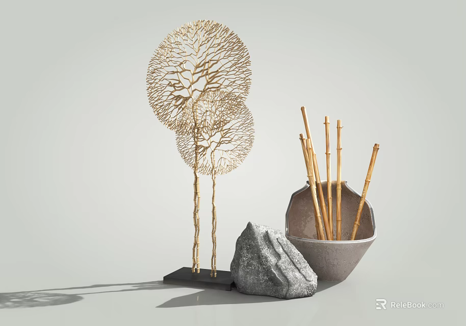 Golden Branch Coral Shaped Ornament Decoration Set With Black Base Gray Stone And Bowl Container 3d model 