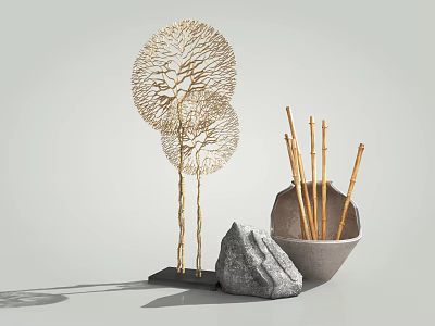 Golden Branch Coral Shaped Ornament Decoration Set With Black Base Gray Stone And Bowl Container 3d model
