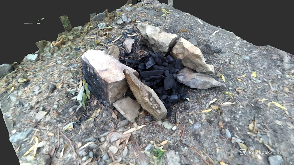 Simple Outdoor Stone Built Fireplace With Charcoal And Surrounding Dirt Leaves 3d model 