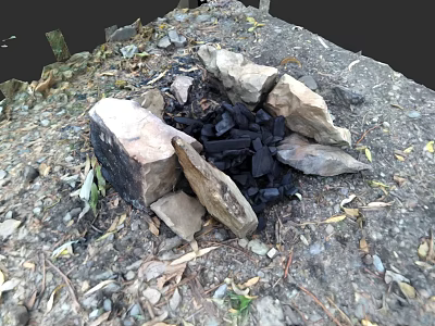 Simple Outdoor Stone Built Fireplace With Charcoal And Surrounding Dirt Leaves 3d model