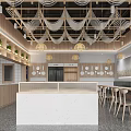 Modern Restaurant Interior With Wooden Cabinets Pendant Lights And Plants