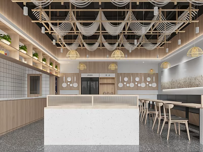 Modern Restaurant Interior With Wooden Cabinets Pendant Lights And Plants 3d model