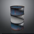Rusty Blue And Red Oil Barrel With White Stripe On Dark Background