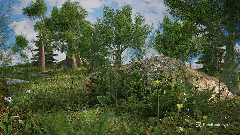 Lush Flowers and Plants in Natural Landscape With Trees Rocks and Green Grass 3d model 