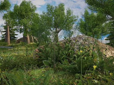Lush Flowers and Plants in Natural Landscape With Trees Rocks and Green Grass 3d model