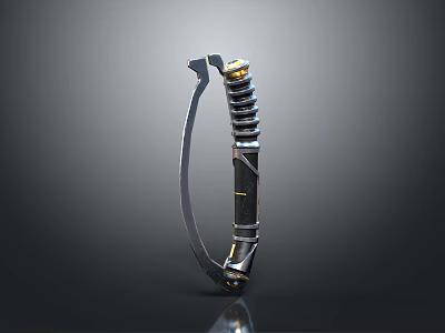 Tactical Curved Blade Weapon With Metal Construction And Golden Accents On Segmented Handle 3d model
