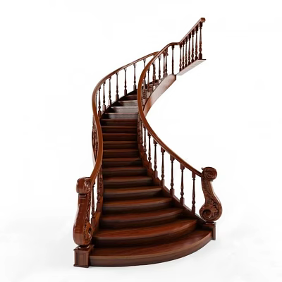 Elegant Wooden Spiral Staircase With Intricate Carved Railings And Classic Design 3d model