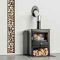 Modern Fireplace Stove Firewood Pile Wood Pile 3d model