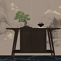 Chinese Style Entryway Side Cabinet With Decorative Plants And Wall Patterns 3d model