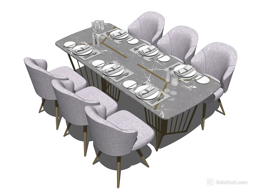 Elegant Modern Dining Table Set With Gray Upholstered Chairs Marble Tabletop And Tableware 3d model
