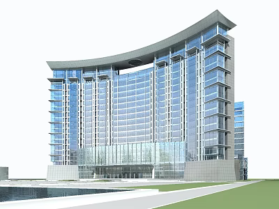 Modern Curved Office Building With Glass Curtain Wall Front Water Feature And Green Lawn 3d model