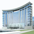 Modern Curved Office Building With Glass Curtain Wall Front Water Feature And Green Lawn