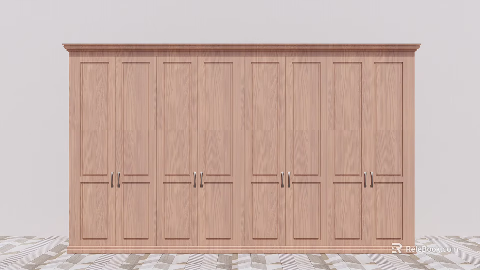 Modern Wooden Wardrobe With Multiple Doors Simple Design And Handle Details For Home Interior 3d model 