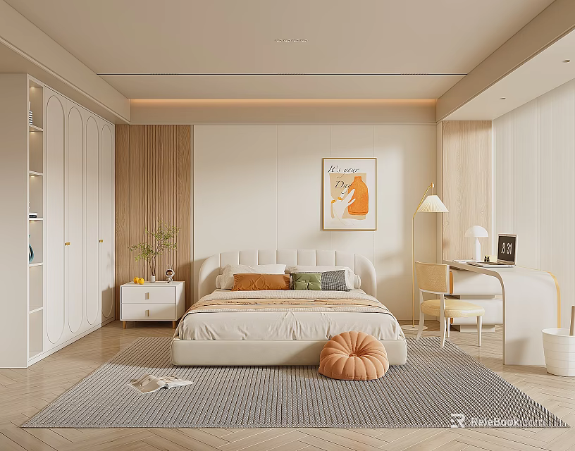 Modern Bedroom Interior Design With White Wardrobe Decorative Painting Green Plant And Cozy Rug 3d model 