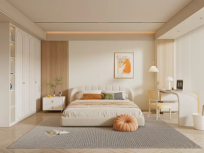 Modern Bedroom Interior Design With White Wardrobe Decorative Painting Green Plant And Cozy Rug 3d model
