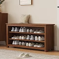 Wooden Shoe Bench with Cushion Top and Two Tier Shoe Storage Shelves