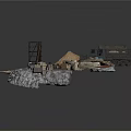 Modern Military Tactical Scene With Rocky Terrain Wooden Planks Trucks And Sand Mounds