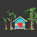 Small Tropical Cottage With Blue Walls Red Door White Roof And Palm Trees On Sand