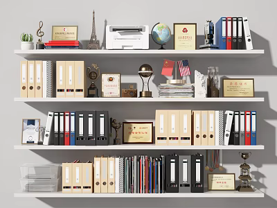 Organized Office Shelf With Folders Trophies Globe Printer Flags And Plant 3d model