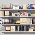 Organized Office Shelf With Folders Trophies Globe Printer Flags And Plant