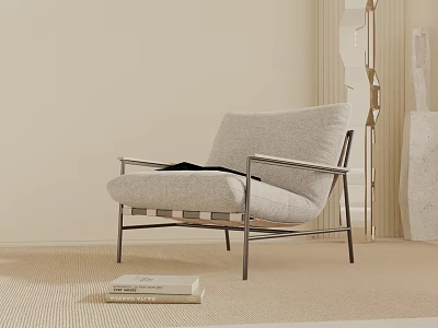 Minimalist Gray Fabric Accent Chair With Metal Frame And Books On Beige Rug 3d model