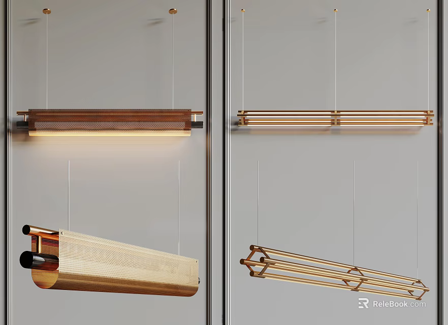 Modern Linear Hanging Pendant Light Designs With Wooden And Metal Finishes 3d model 