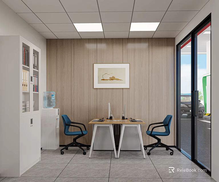 Office Interior Design With Wooden Walls White Ceiling Lights Framed Painting Desk And Blue Chairs 3d model 