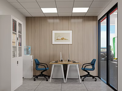 Office Interior Design With Wooden Walls White Ceiling Lights Framed Painting Desk And Blue Chairs 3d model
