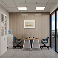 Office Interior Design With Wooden Walls White Ceiling Lights Framed Painting Desk And Blue Chairs