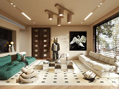 Modern Living Room Interior With Green Sofa White Couch Geometric Rug And Wall Art 3d model