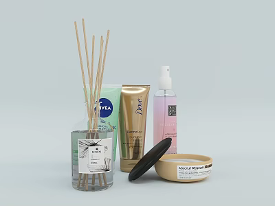 Premium Fragrance and Cosmetic Products Including Reed Diffuser Spray Tube and Body Scrub Jar 3d model