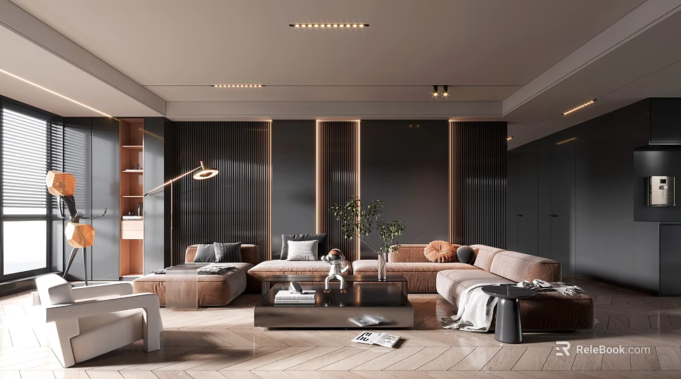 Modern Living Room Interior With Sofas Coffee Table Plants And Lighting 3d model