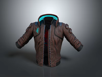 Futuristic Brown Leather Jacket With Glowing Blue Accents And Shoulder Details 3d model