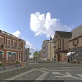 Charming European Style Commercial Street with Colorful Buildings Outdoor Seating Umbrellas and Stone Pavement